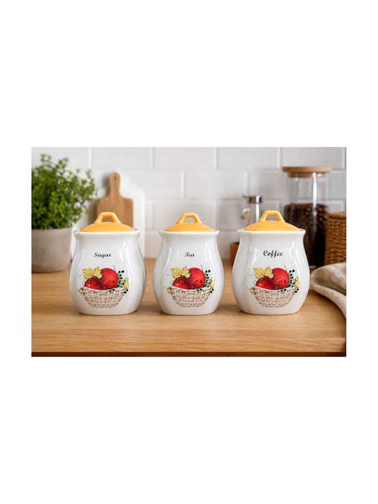 Kitchen Set of 3 Pieces Food Jars for Coffee Tea Sugar with Lid Made of Porcelain Brown 12x13cm 3 Pieces