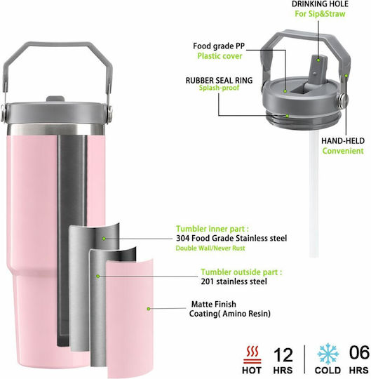 Koupakoupa Rainbow Handled Thermos Stainless Steel 890ml Pink with Straw and Handle