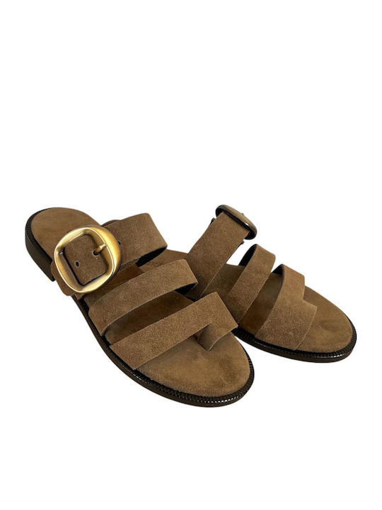 Leather Women's Flat Sandals Brown