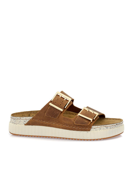 Leder Flache Damen Sandalen Tabac Braun