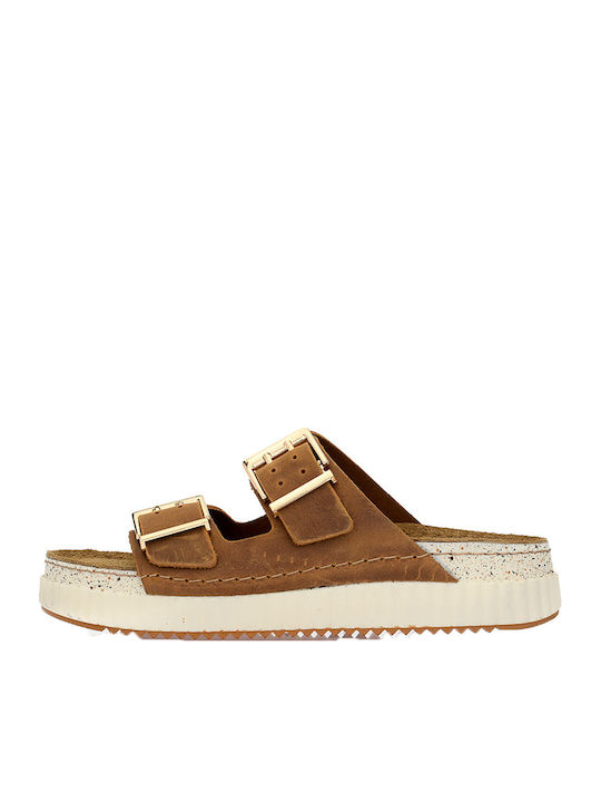 Leder Flache Damen Sandalen Tabac Braun