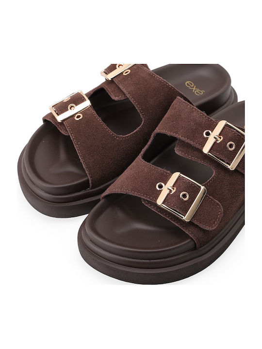 Δερμάτινα Γυναικεία Σανδάλια Flatforms Καφέ