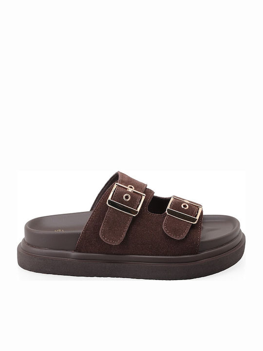 Δερμάτινα Γυναικεία Σανδάλια Flatforms Καφέ