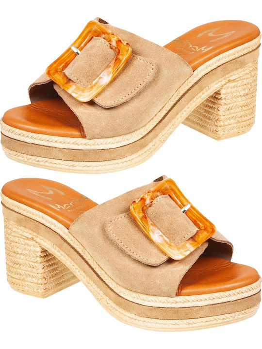 Suede Mules With Heel In Beige Colour