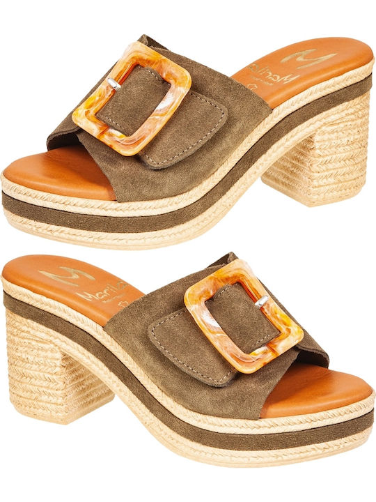 Suede Mules With Heel In Khaki Colour