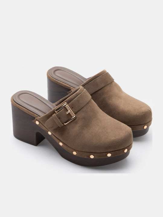 Suede Mules With High Heel In Khaki Colour