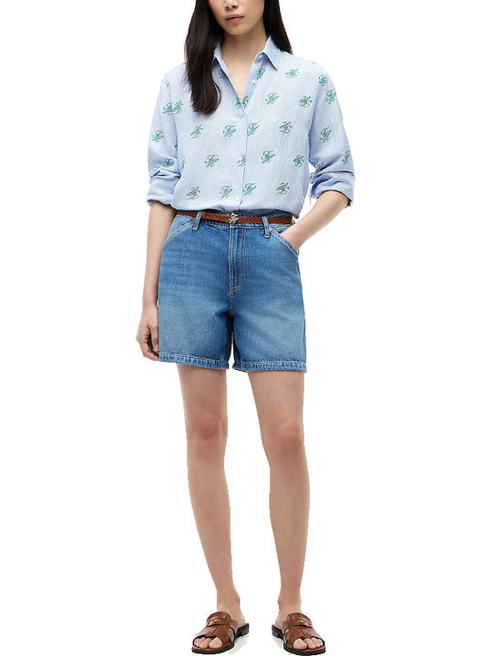 Long Sleeve Women's Linen Shirt White-Green-Light Blue