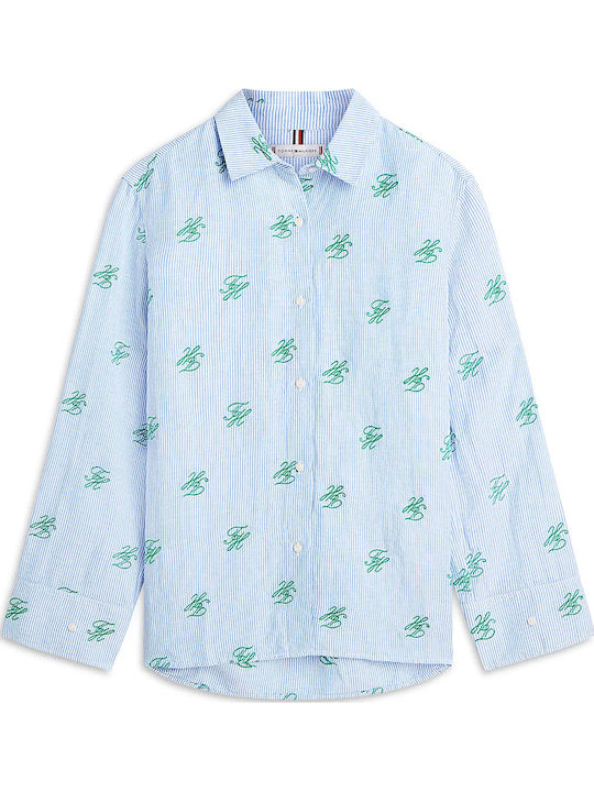 Long Sleeve Women's Linen Shirt White-Green-Light Blue