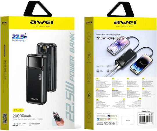 Awei PA-93 Power Bank 20000mAh 22.5W mit 2 USB-C Ausgangsanschlüsse Stromlieferung Schwarz