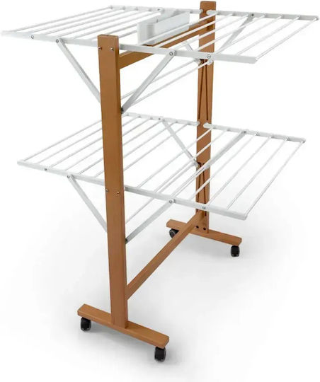 Arredamenti Italia Folding Floor Clothes Drying Rack Wooden with Wheels with Hanging Length 20m