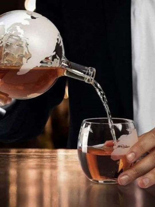 Decantor Din Sticlă Pentru Servire Whiskey 22cm Cu Dop și Pahare Transparente 2 Bucăți