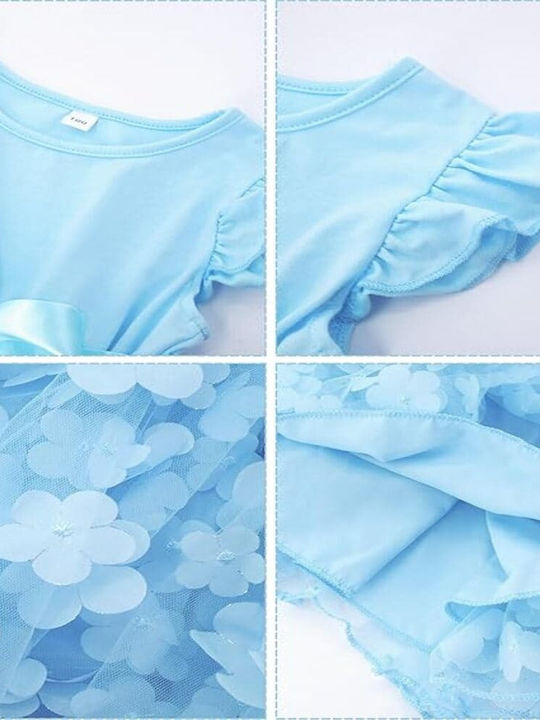 Floral Girls Dress Short Sleeve Light Blue