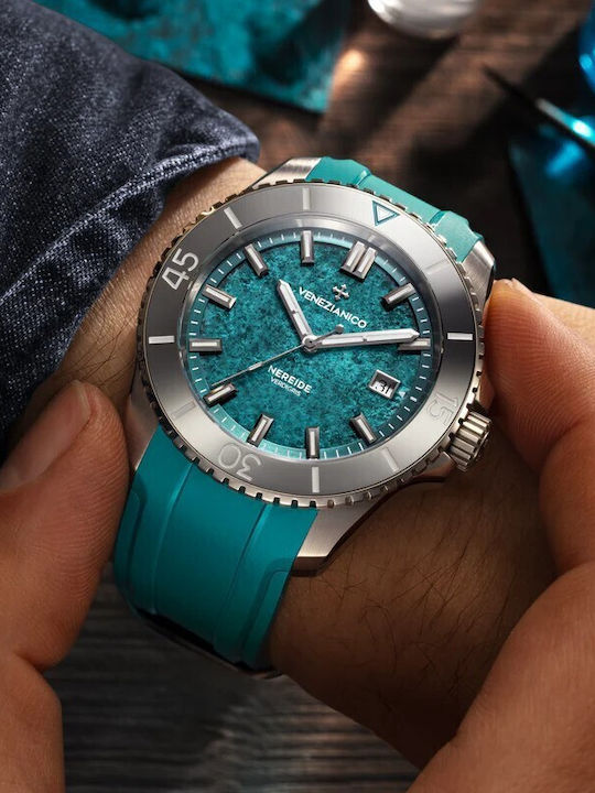 Venezianico Men's Automatic Watch with Turquoise Rubber Strap