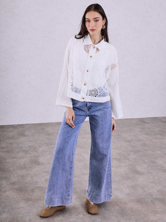Celestino Damenjacken Semi-transparent Stickereien Loose Fit Weiß