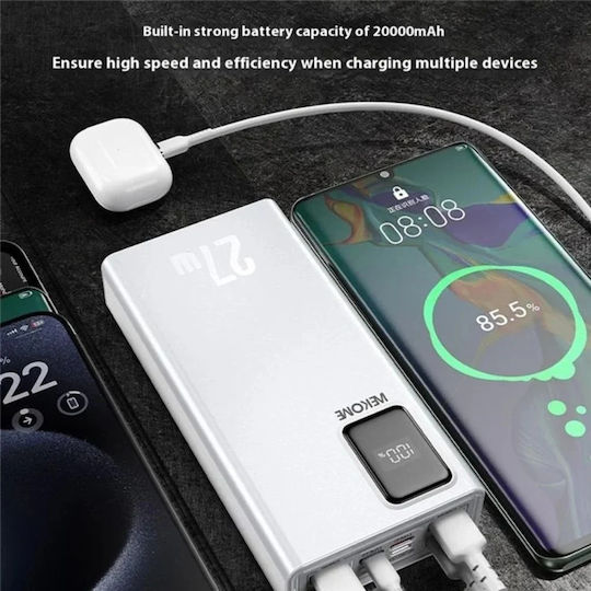 WK WP-93 Външна Батерия 20000mAh 27W с 4 USB-A Изходни Порта и USB-C Изходен Порт Бяла