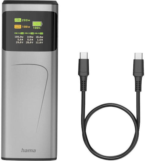 HAMA High Power 24000mAh 200W mit USB-A Anschluss und 2 USB-C Anschlüssen Schnellaufladung 3.0 Gray