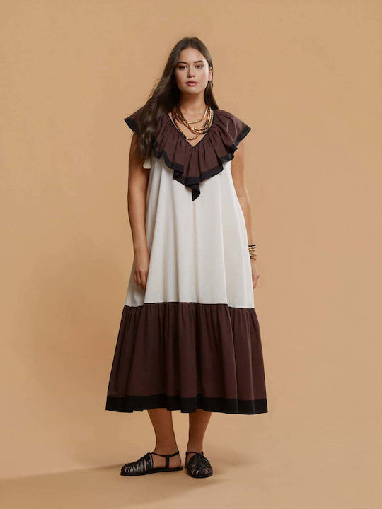Rochii De Vară Pentru Femei Midi Rochie Drapat Cu Volane Ecru 8501.7144.R.NETTO-off-white-brown