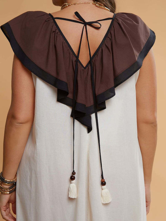 Rochii De Vară Pentru Femei Midi Rochie Drapat Cu Volane Ecru 8501.7144.R.NETTO-off-white-brown