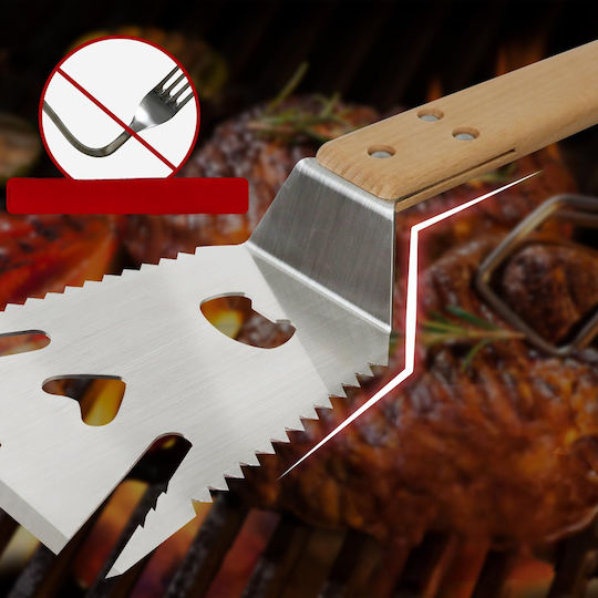 Spatulă Multifuncțională 6-în-1 Pentru Grătar Din Oțel Inoxidabil Cu Mâner Din Lemn