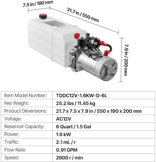 Vevor 6 L Hydraulic Power Unit Single Acting Dump Trailer Pump 22 Mpa Max Relief Pressure & 3.4 L Min Flow Rate Dc 12v Hydraulic Pump Metal Reservoir Dump Trailer Car Lifting White