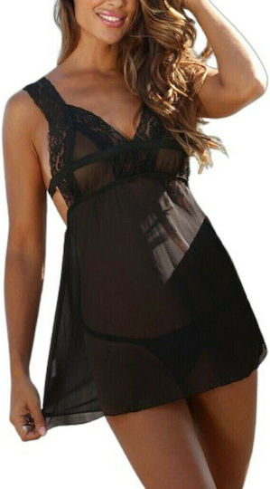 La Lolita Amsterdam Sexy Babydoll Set with Lace & Transparency Nightgown with V Neckline & Matching Underwear Black