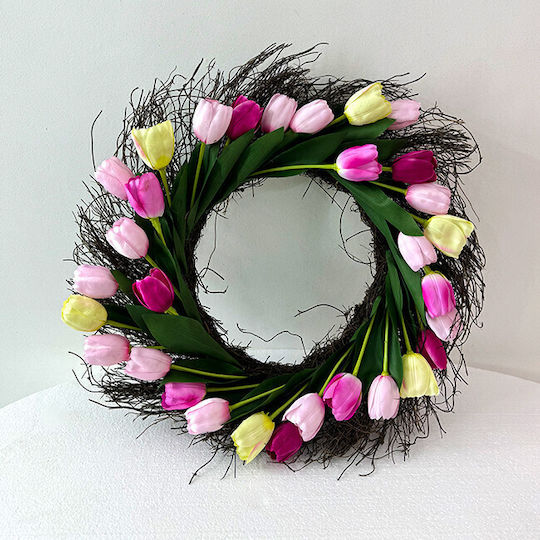 Decorațiune Coroană De Flori Suspendată Lalele Artizanale Pe Un Pat De Crenguțe Naturale Multicoloră