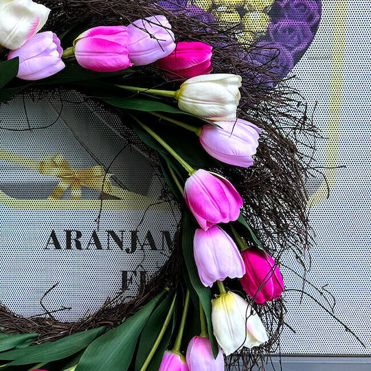 Decorațiune Coroană De Flori Suspendată Lalele Artizanale Pe Un Pat De Crenguțe Naturale Multicoloră