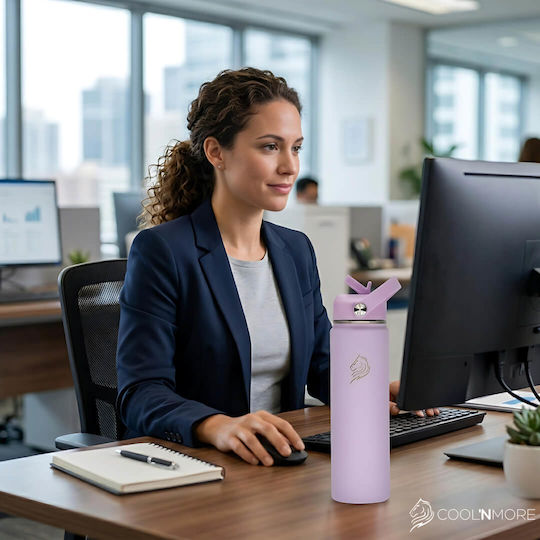 Cool'NMore Stainless Steel Thermos Bottle BPA Free 750ml Lavender with Straw Handle Loop and Mouthpiece