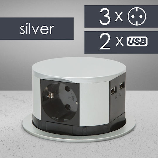 Delight Bandă de Alimentare cu 3 Prize cu 2 USB-A și Cablu de 1.5m Argintiu