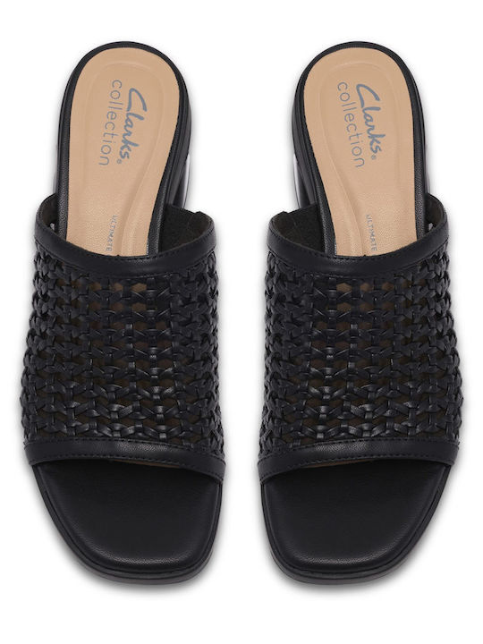 Leather Women's Mules with Chunky Low Heel in Black Color