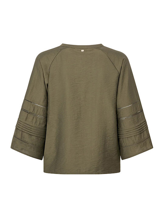 Women's Blouse with 3/4 Sleeve and V-Neck Khaki