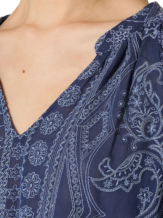 Women's Cotton Long Sleeve Top with V-Neck Blue