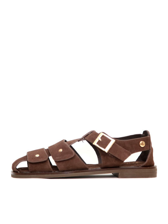 Leather Women's Flat Sandals Brown