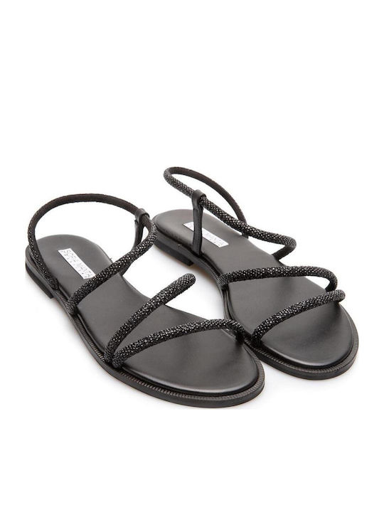 Leder Flache Sandalen für Damen Schwarz