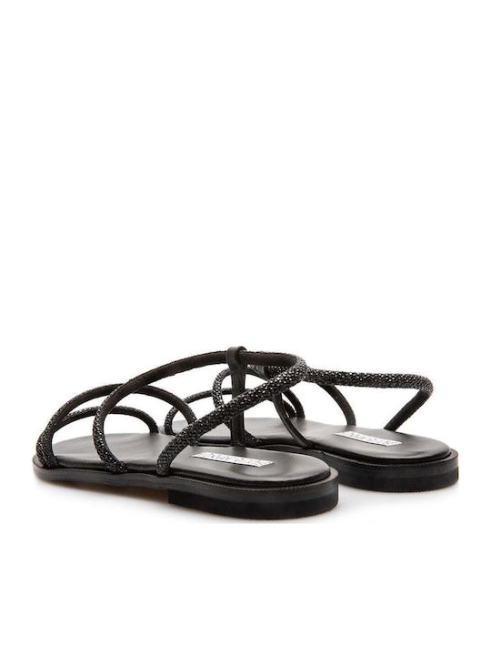 Leder Flache Sandalen für Damen Schwarz