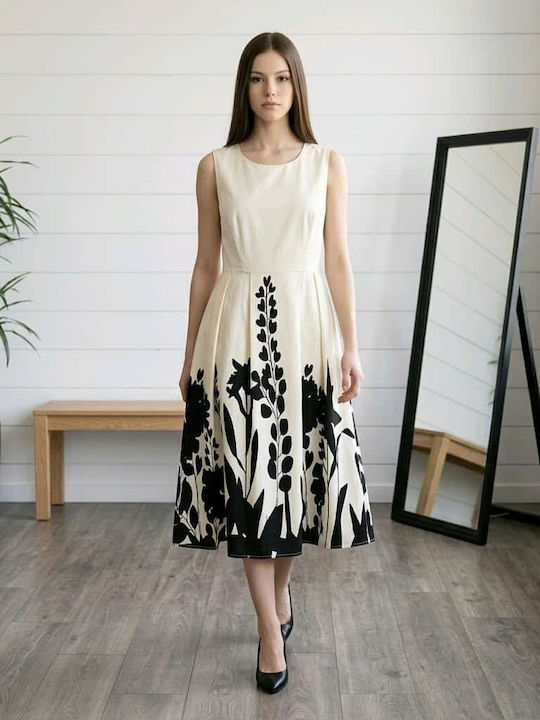 Sommer Midi Abendkleid Blumen Ecru Schwarz