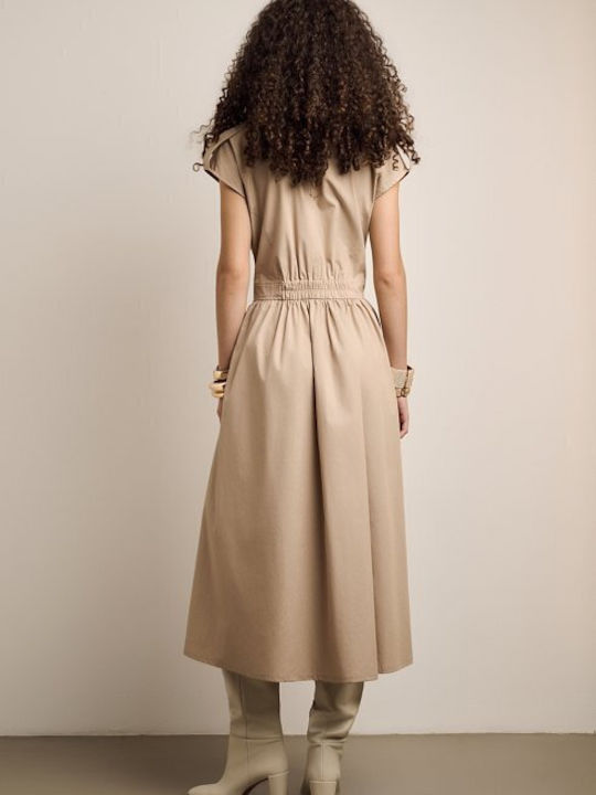 Summer Midi Shirt Dress Short Sleeve Beige