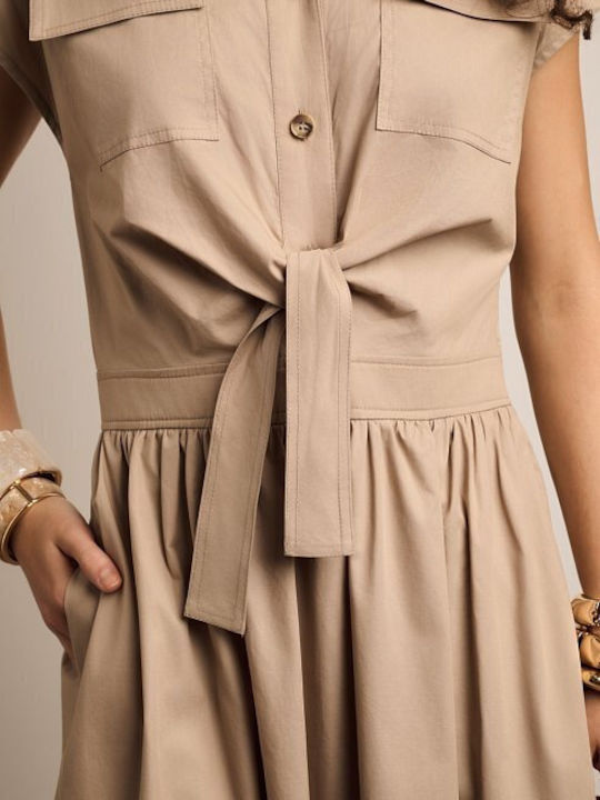 Summer Midi Shirt Dress Short Sleeve Beige