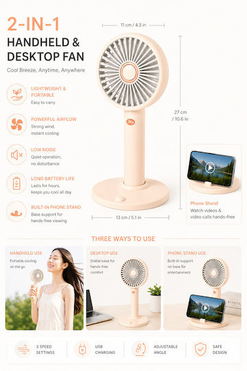2 1 Ventilator Portabil Electric / USB Portocaliu