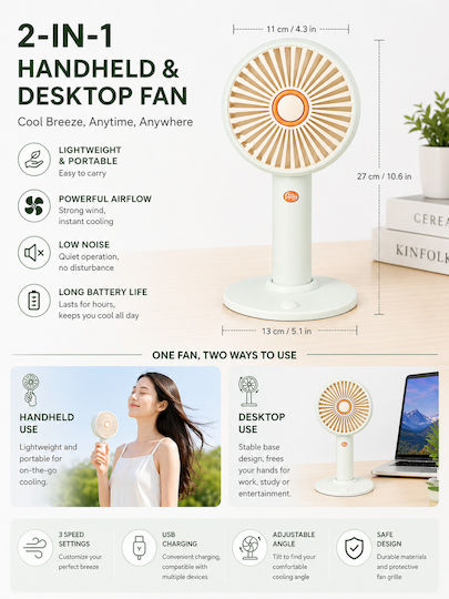 2 1 Ventilator Portabil Electric / USB Verde