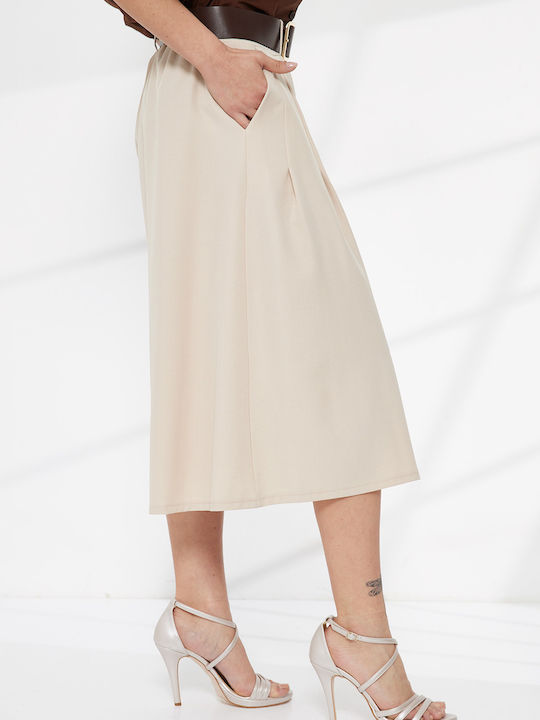 Women's High Rise Zip Culottes with Rubber Band Beige