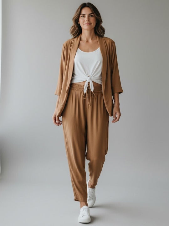 Damen Stoffhose mit Gummiband in Regulärer Passform Beige