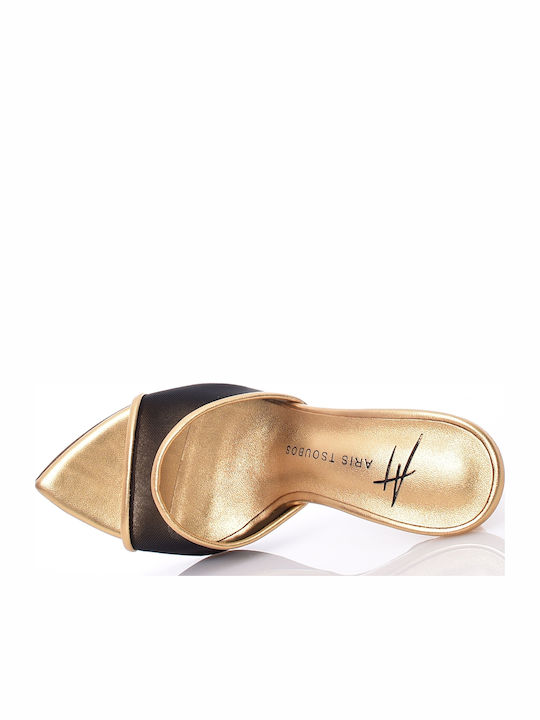 Leather Mules With High Heel In Gold Colour