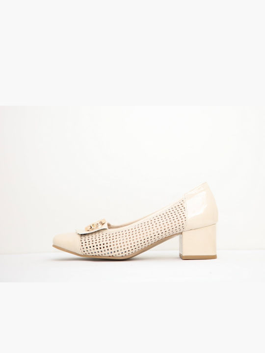 Leather Heels with Medium Beige Heel