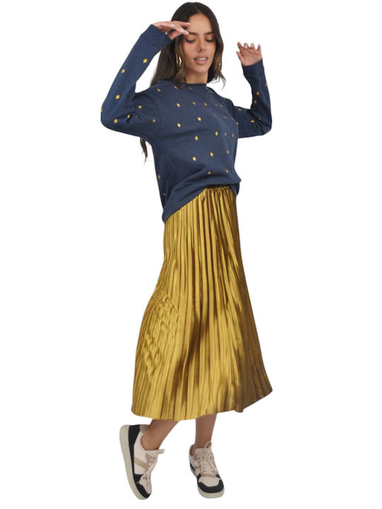 Pleated High Waist Midi Skirt Gold