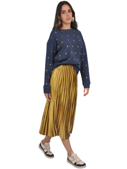 Pleated High Waist Midi Skirt Gold