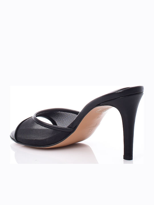 Leather Mules with Thin High Heel in Black Colour