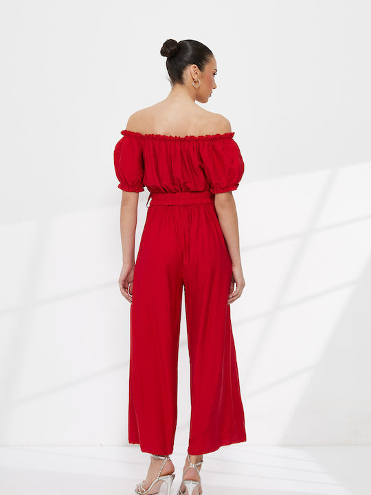 Дамски Off-Shoulder Едноделен Комбинезон Червен
