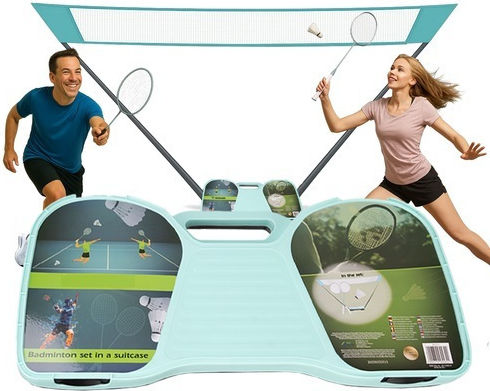 Set Complet Badminton Format Din 2 Rachete 2 Fluturași O Plasă 2 Suporturi Albastre Albe Negre