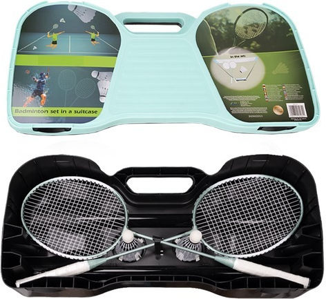 Set Complet Badminton Format Din 2 Rachete 2 Fluturași O Plasă 2 Suporturi Albastre Albe Negre